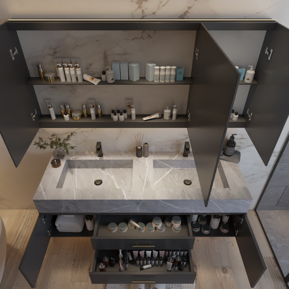 59" Complete Bathroom Vanity Double Basin Gray Marbled Stone Set