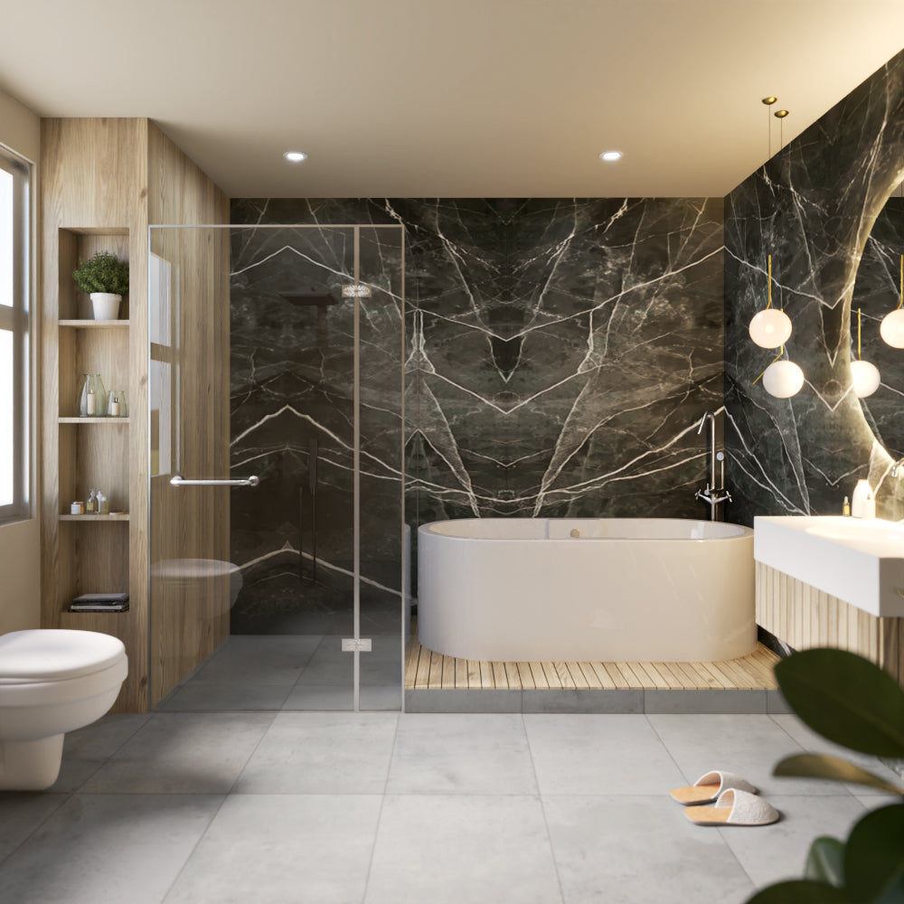 Full Sheet Black Adamantium Carrara Marble Wall Panel 96" X 48" 4 Pack