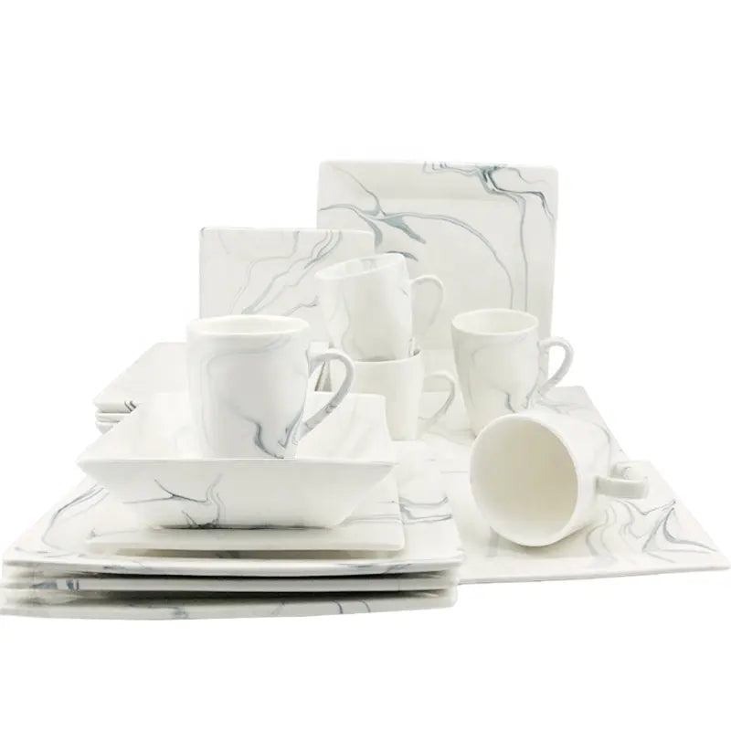 White and Gray Marble 16 pcs Square Dinnerware Set