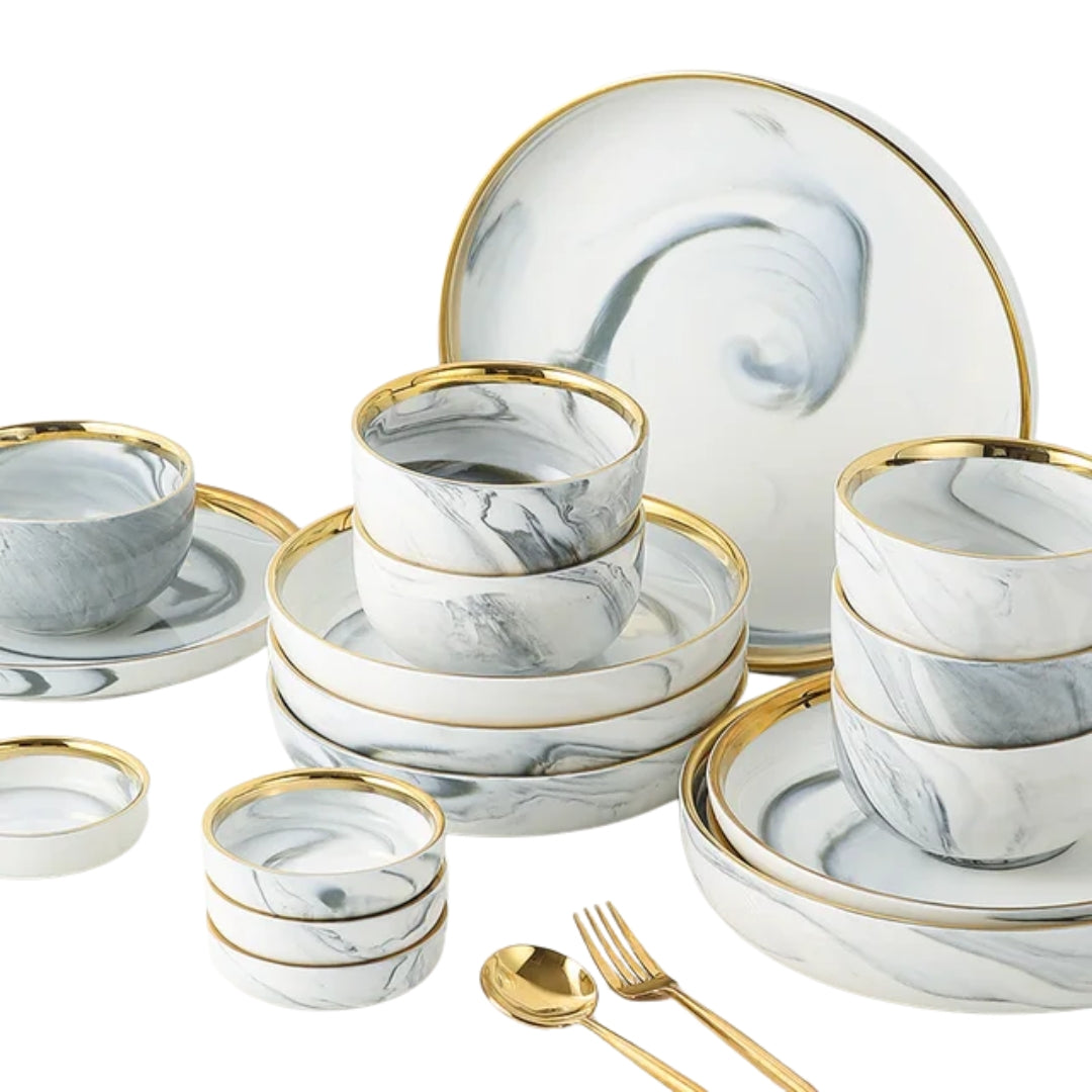 White and Gold Marble 16 pcs Dinnerware Set